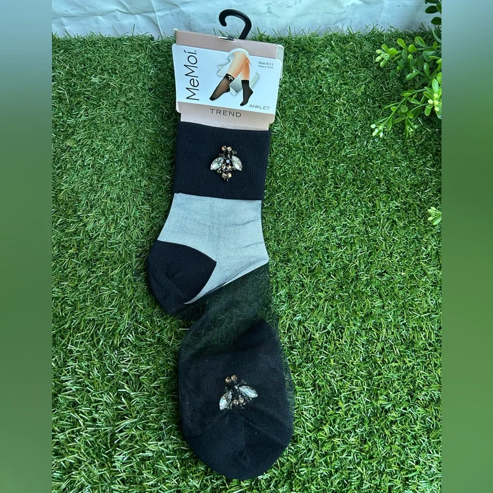 MEMOI WOMEN'S QUEEN BEE RHINESTONE CUFF SHEER ANKLET SOCK black new 9-11